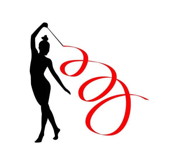 Černá silueta dívky s červenou stuhou. Gymnastka. — Stockový vektor