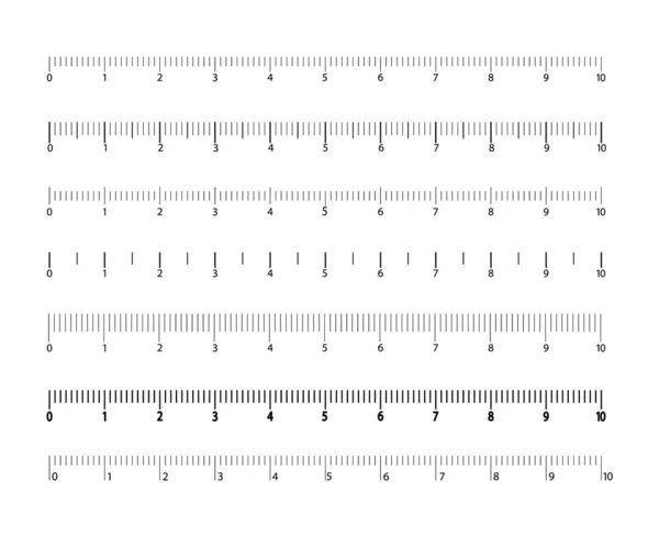 Escala para la regla, métrica. Un conjunto de indicadores de tamaño. Reglas métricas y de pulgada. Centímetros y pulgadas . — Archivo Imágenes Vectoriales