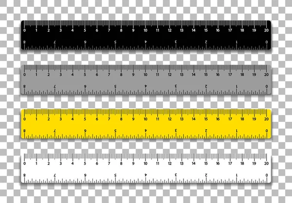 Realistische heersers. Heersers van verschillende kleuren op een transparante achtergrond. Bilaterale meting in centimeters en inches. — Stockvector