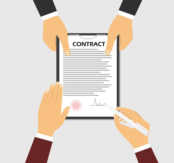 Skriver på ett kontrakt. Begreppet att en hand innehar ett kontrakt — Stock vektor