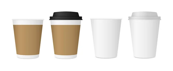 판지로 만든 가처분 컵입니다. 뚜껑 이 있는 컵. 커피나 차 한잔. — 스톡 벡터