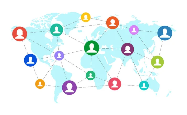 Personas de diferentes nacionalidades, de diferentes países y continentes, en el mapa del mundo. Concepto de comunidad de redes sociales . — Archivo Imágenes Vectoriales