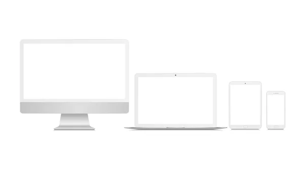 Gerçekçi bir monitör seti, laptop, tablet, akıllı telefon. Teknolojik aygıtların beyaz modeli.