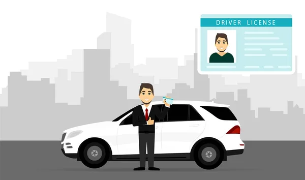 Licencia de conducir. Un hombre con licencia de conducir cerca del coche . — Vector de stock