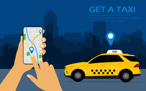 Obtener un taxi, teléfono móvil con mapa en la mano y la ciudad en el fondo con taxi, concepto de servicio de taxi, llamar a un taxi . — Vector de stock