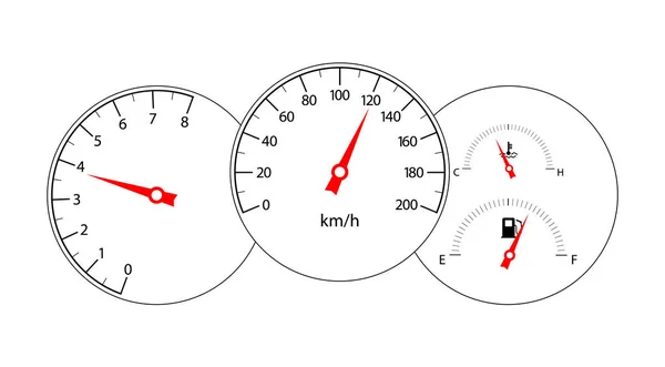 Hastighetsmätare, varvräknare, temperatur och bränslemätare. Hastighetsmätarens instrumentpanel. — Stock vektor