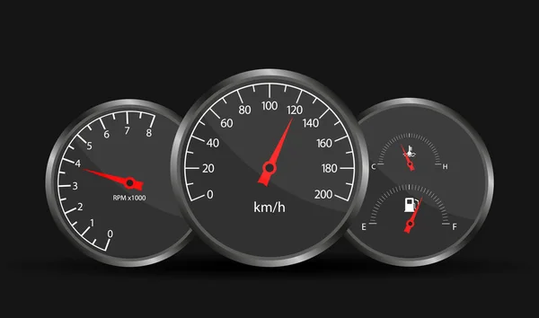 Snelheidsmeter dashboard. Snelheidsmeter, toerenteller, temperatuur- en brandstofmeter. — Stockvector