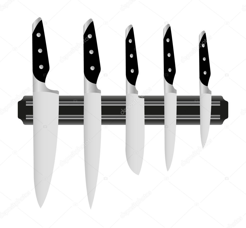 Knives of different sizes. Kitchen knives on a magnet. Set of different types of realistic knives. 