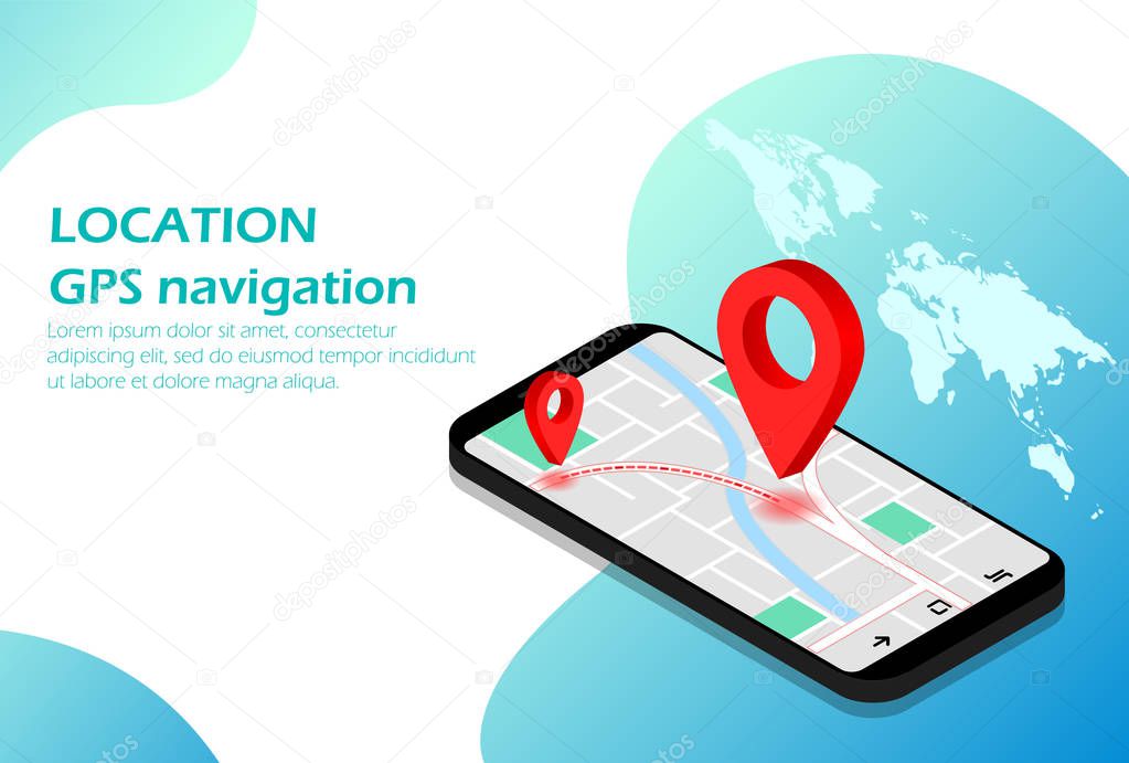 Location. Mobile navigation. GPS. Isometric. Suitable for website page, infographics, advertising, applications.