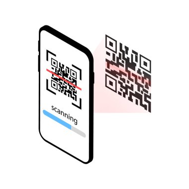 Cep telefonu QR kodunu tarıyor. QR tarayıcı. Isometric.
