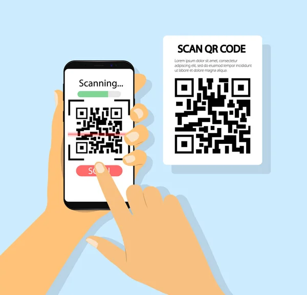 Scan Qr code in mobile phone. Phone in hand. — Stock Vector