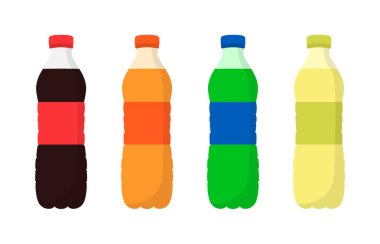 Plastik şişelerde tatlı soda. Gazoz. Düz tasarım.