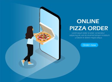 İnternetten pizza sipariş et. Pizza teslimatı Karakter ve akıllı telefon kavramı. Isometric.