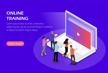 Çevrimiçi eğitim, webinar, video dersleri. Karakterlerle kavram. Isometric