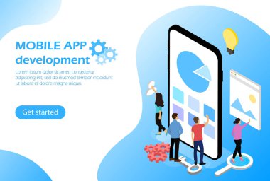 Mobil uygulama geliştirme. Karakter ve telefon kavramları. Başlayın. İzometrik illüstrasyon.