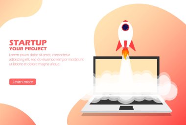 Projeni başlat. Bir iş kur. Roket fırlatma ve dizüstü bilgisayar konsepti.