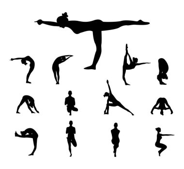 Yoga pozları. Yoga. Siyah siluetler. Vektör illüstrasyonu.