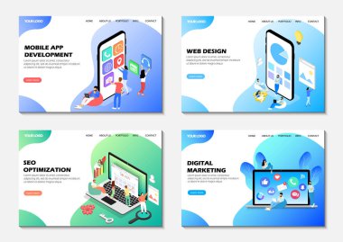 Bir dizi web sayfası. İniş sayfaları. Mobil uygulama geliştirme, seo optimizasyon, dijital pazarlama, web tasarımı. Web siteleri için modern web sayfaları.