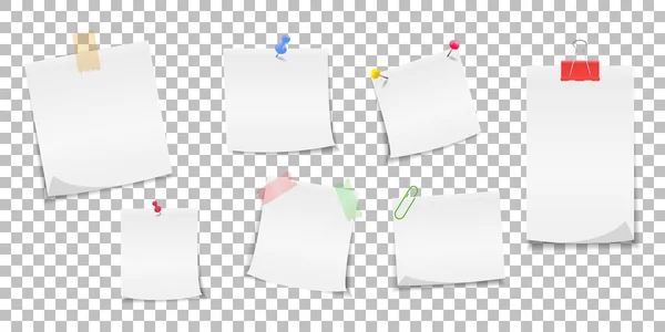 Papieren notities beveiligd met een knop, een pin en een plakband. Opmerkingen bij het bericht. — Stockvector