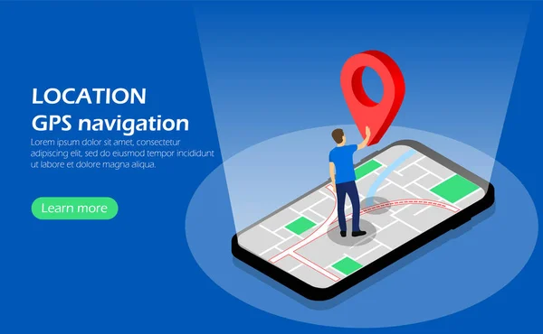 Locatie. GPS navigatie. Karakter aan de telefoon. Isometrisch. — Stockvector