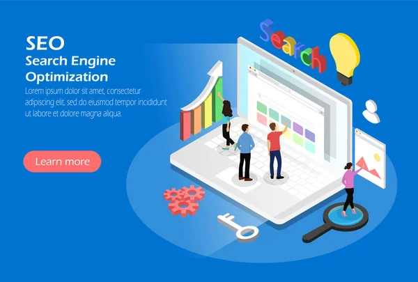 - Seo. Arama motoru optimizasyonu. Karakterlerle kavram. Isometric.