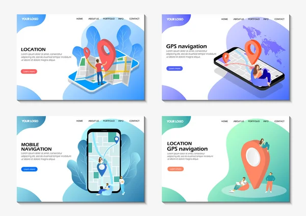 İniş sayfalarını aç. Mobil navigasyon, GPS navigasyon, konum. Bir dizi web sayfası. Web siteleri için modern web sayfaları.