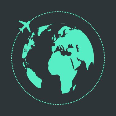 Seyahat şirketi logosu. Dünya haritası. Dünya çapında dağıtım ikonu. Vektör çizimi. 10 saniye.