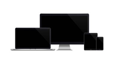 Gerçekçi bir monitör seti, laptop, tablet, akıllı telefon. Gerçekçi teknoloji.