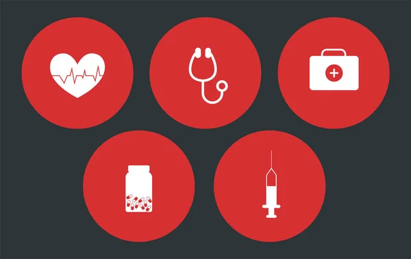 Icone delle medicine. Battito. Stetoscopio. Pillole del kit di pronto soccorso. Siringa. Illustrazione vettoriale . — Vettoriale Stock