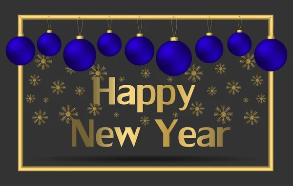 Banner med inskriptionen Gott nytt år. Illustration med guld ram och blå julbollar på en mörk bakgrund. — Stock vektor