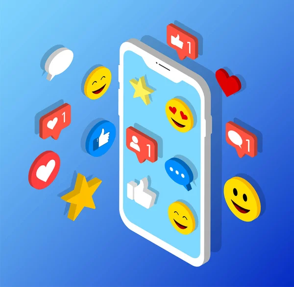 Social media icons. Isometric social network in smartphone.