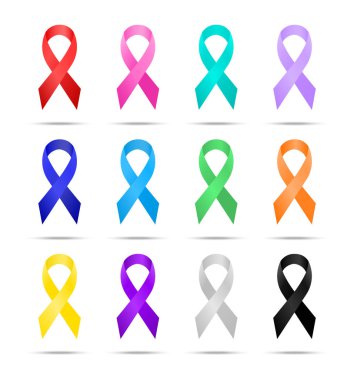 Renkli gerçekçi kurdeleler seti. Kurdele farkındalığı. Kurdele sembolü.