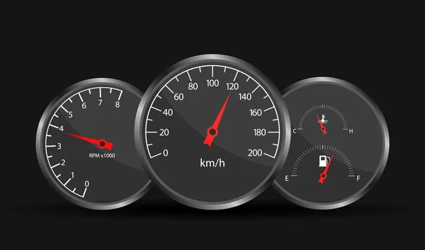 Hastighetsmåler dashbord. Hastighetsmåler, turteller, temperatur og drivstoffmåler . – stockfoto