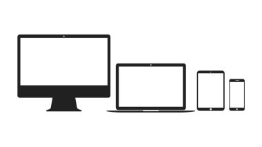 Bilgisayar, dizüstü bilgisayar, tablet ve akıllı telefon simgeleri. Vektör illüstrasyonu.