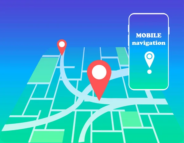 Navigation mobile. Carte conceptuelle avec marqueurs et smartphone . — Photo