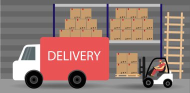 Teslimat deposu. Lojistik işlem. Forklift paketleri kamyona yüklüyor. Düz biçim.