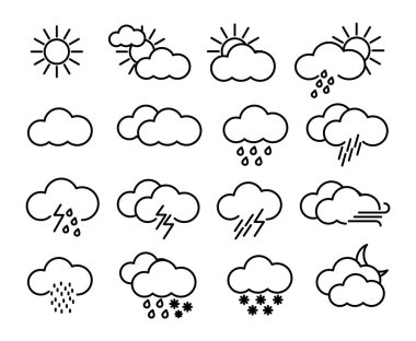 Hava ikonları ayarlandı, hava tahmini. İklim sembolleri. Meteoroloji Simgeleri