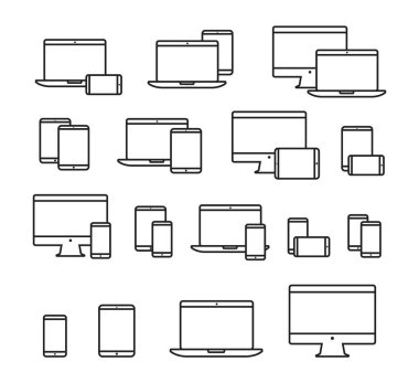 Aygıt simgesi seti. İnce çizgili aletler. Bilgisayar, laptop, tablet ve akıllı telefon.