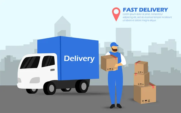 Courier delivery service with the parcel. A man with boxes on the background of the truck. Fast shipping. — Stock Vector