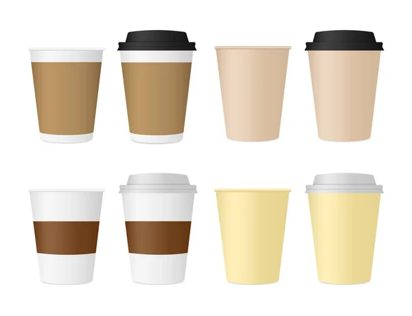 Paper cups for coffee and tea. Disposable cups with a lid. — Stock Vector