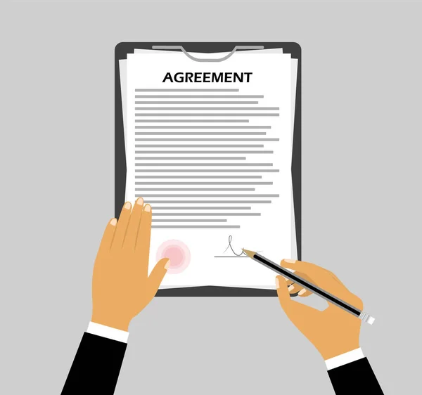 La firma de un acuerdo en un estilo plano. Concepto de mano firmar un documento . — Vector de stock