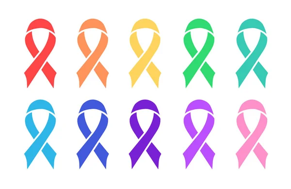 Set of multi-colored awareness ribbons. Ribbon vector icon. — Stock Vector