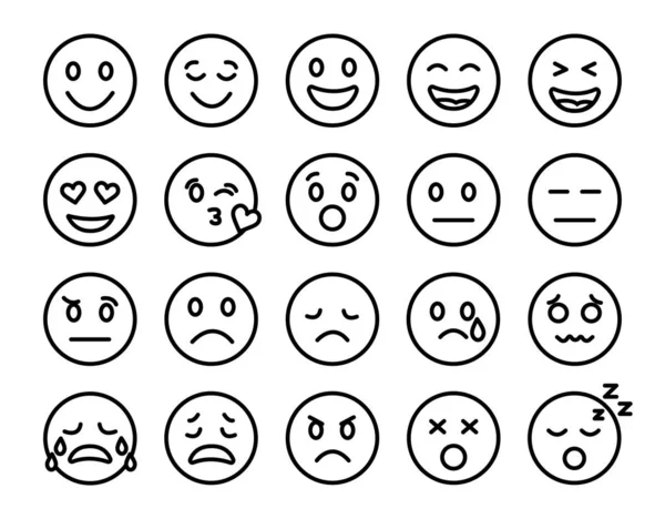 Bir dizi duygu simgesi. Emoji ikonu. İnce vektör çizgisi.