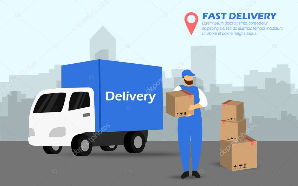 Courier delivery service with the parcel. A man with boxes on the background of the truck. Fast shipping.