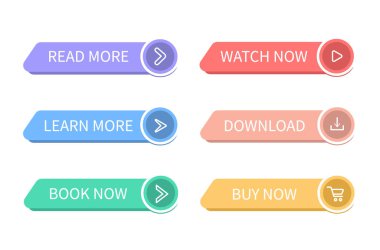 Renkli web düğmeleri. İstenilen eyleme gitmek için web sitesi düğmeleri. Daha fazla oku, daha fazla öğren, rezervasyon yap, şimdi izle, indir, şimdi satın al.