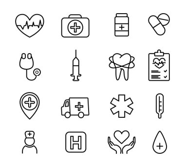 Bir dizi tıbbi ince çizgi ikonu. İlaç ve sağlık hizmetlerinin web simgeleri.