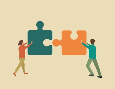 Takım çalışması konsepti. İki bulmacayı çözen bir adam ve bir kadın. Vektör illüstrasyonu