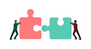 İş ekibi çalışması. İki yapboz toplayan iki iş adamının ortaklığı. Vektör illüstrasyonu.