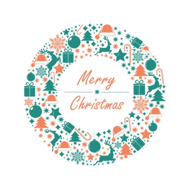 Noel çelengi. Noel kalıpları. Mutlu Noel kartpostalları. Vektör illüstrasyonu.