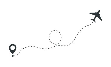 Kalkıştan varışa uçak güzergahı. Uçak yolu. Uçağın uçuş güzergahı kesik bir çizgiyle.